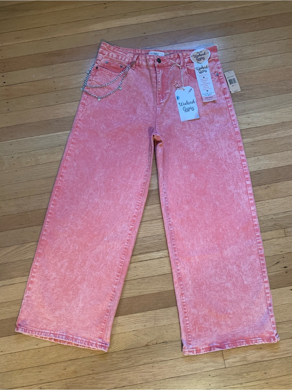 NWT WEEKEND GYPSY Wide Leg Mid-Rise Orange Acid Wash Jeans Size JR 17/Womens 16